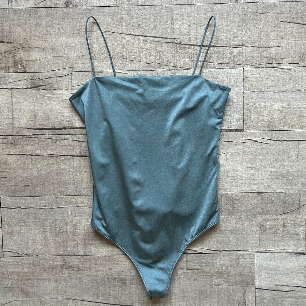 Abercrombie & Fitch Green Satin High Leg Square Neck Festival Retro Bodysuit L